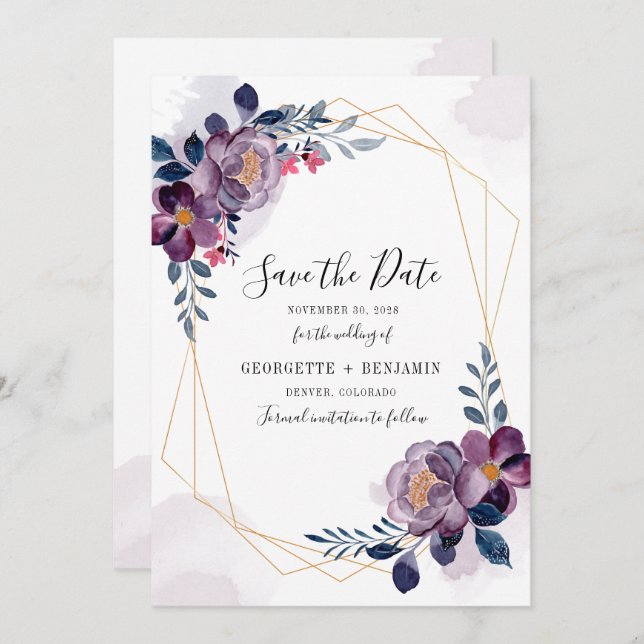 Reserve A Data Casamento Botânico de Script Floral Roxo Geométric (Frente/Verso)