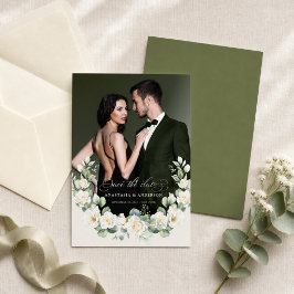 Reserve A Data Casamento Botânico de Verde Moderno com Foto Perso