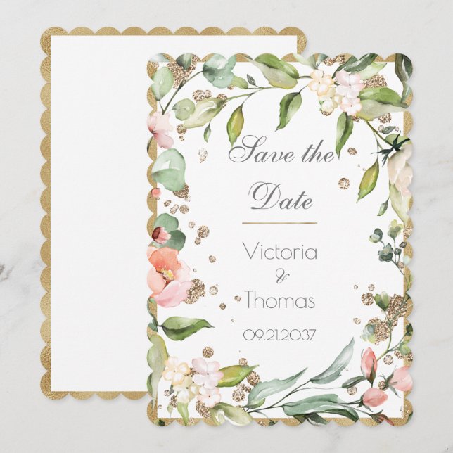 Reserve A Data Casamento Botânico Dourado Elegante Floral, Blush, (Frente/Verso)