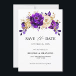 Reserve A Data Casamento Botânico Dourado Violeta Roxo Real<br><div class="desc">Casamento elegante do tema ouro roxo,  salva o cartão com buquê elegante de roxo real,  índio,  ouro,  flores rosa amarelas e folhas de eucalipto. Entre em contato comigo para obter ajuda sobre a personalização ou se você precisar de outro produto com este design.</div>