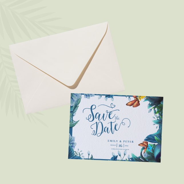 Reserve A Data Casamento Botânico Elegante Borboleta Verde Azul (Blue Green Botanical Butterfly Elegant Wedding Save The Date)