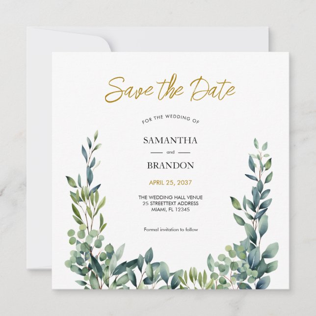 Reserve A Data Casamento Botânico Elegante com Aquarela Verde (Frente)