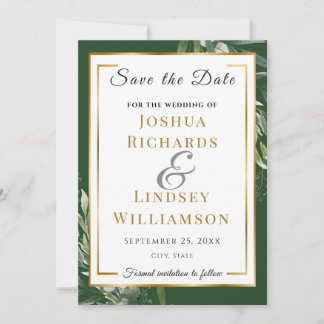Reserve A Data Casamento Botânico Elegante em Dourado e Verde