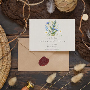 Reserve A Data Casamento Botânico Floral Azul-Margarida de Verão