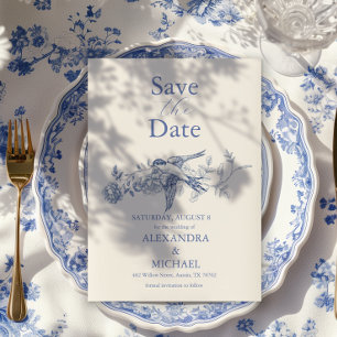 Reserve A Data Casamento Botânico Floral de Chinoiserie Azul