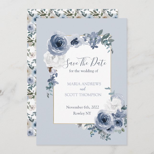 Reserve A Data Casamento Botânico Floral de Dusty Blue e Cinzas (Frente/Verso)