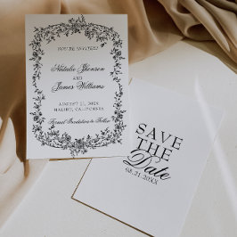 Reserve A Data Casamento Botânico Floral Preto e Branco Elegante