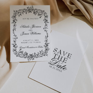 Reserve A Data Casamento Botânico Floral Preto e Branco Elegante