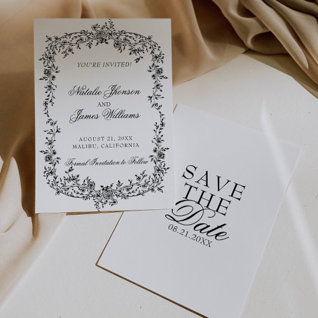 Reserve A Data Casamento Botânico Floral Preto e Branco Elegante (Criador carregado)