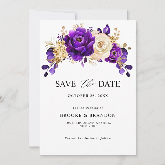 Reserve A Data Casamento Botânico Floral Roxo Real Dourado (Frente)