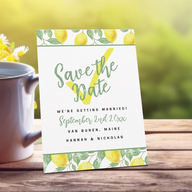 Reserve A Data Casamento Botânico Fresco de Jardim de Verão de Le (Cheerful Summer Lemon Pattern Save the Date Wedding Announcement)