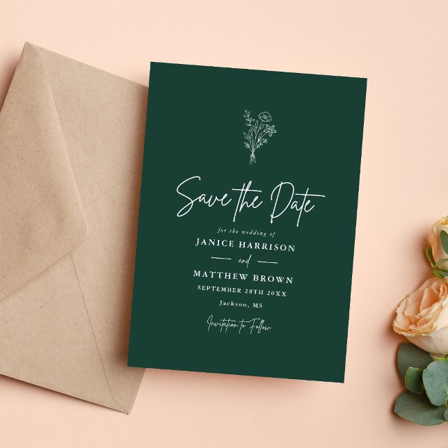 Reserve A Data Casamento Botânico Minimalista Boêmio Esmeralda (Emerald boho botanical save the date brings rich elegance and sets a memorable tone for your wedding)