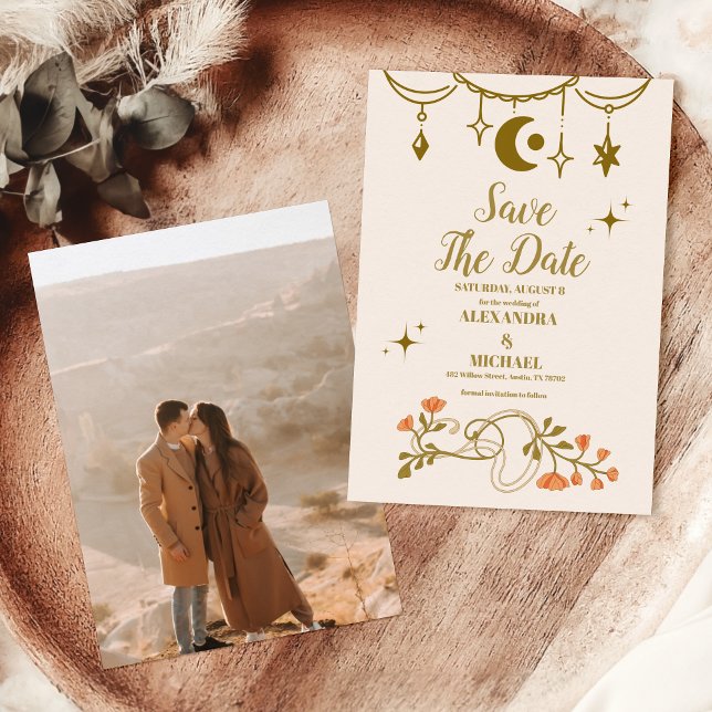 Reserve A Data Casamento Botânico Místico Dourado Vintage Foto (Criador carregado)
