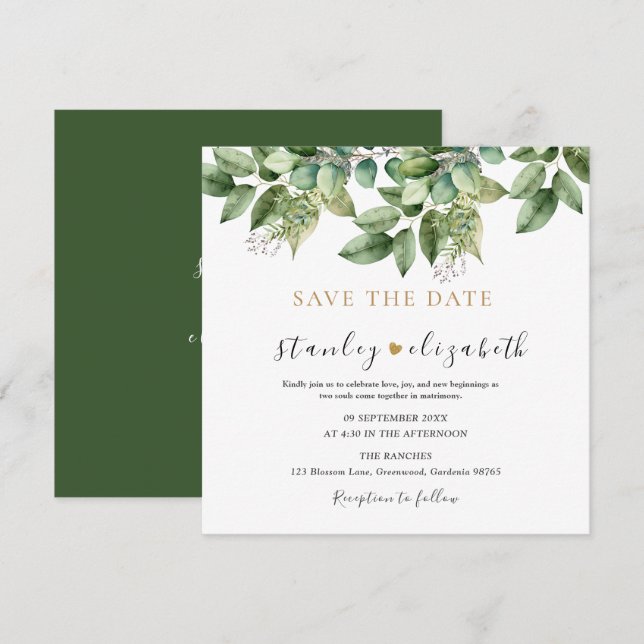 Reserve A Data Casamento Botânico Rústico com Folhagem Verde e Do (Frente/Verso)