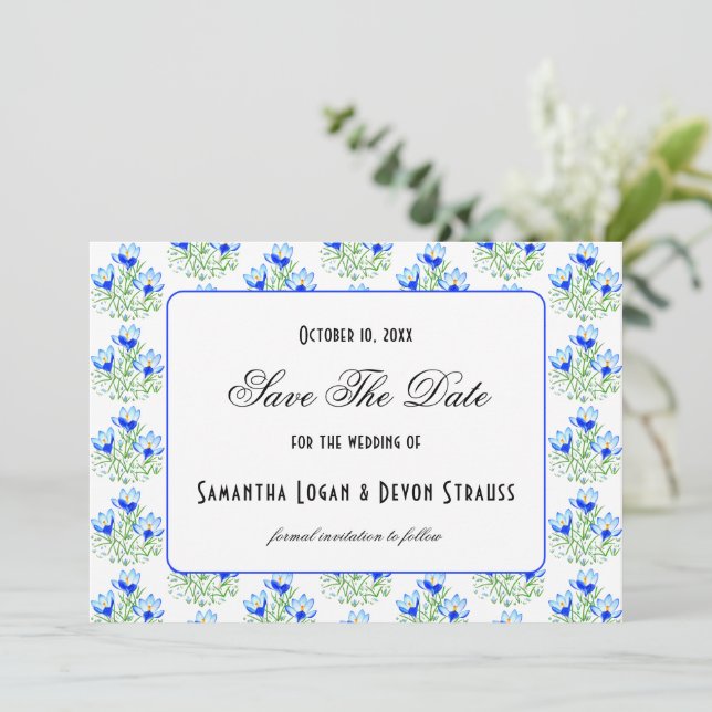 Reserve A Data Casamento Branco Crocus Azul (Em pé/Frente)