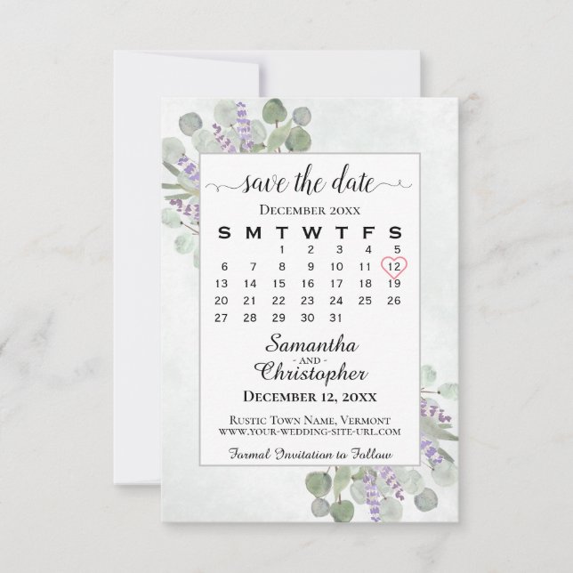 Reserve A Data Casamento Branco do Calendário da Lavanda Eucalypt (Frente)