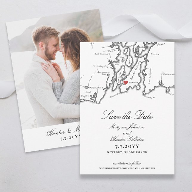 Reserve A Data Casamento Branco Elegante da Ilha Rhode Newport (Newport RI Map Save the Date for an Elegant Black and White Wedding with Photo Back from Coastal Map)