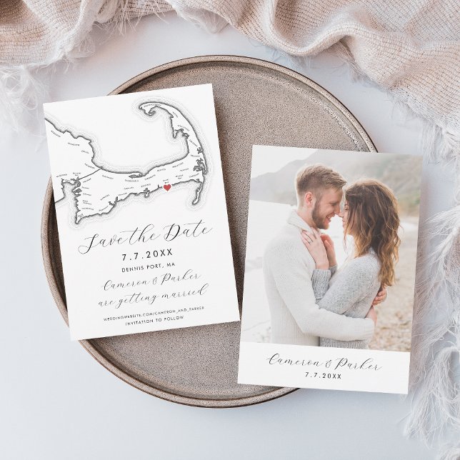 Reserve A Data Casamento Branco Negro do Mapa do Cabo do Porto de (Dennis Port MA Cape Cod Map Save the Date with Photo in Elegant Modern Black and White)