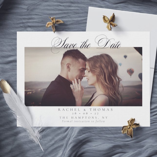 Reserve A Data Casamento Branco Negro Foto de Caligrafia Elegante (Elegant Calligraphy Photo Black White Wedding Save The Date)