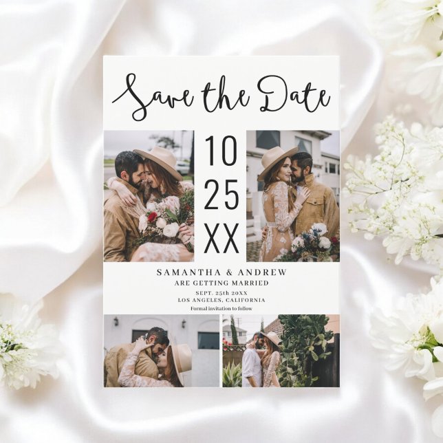 Reserve A Data Casamento branco preto do Modern Boho 4-Foto (Modern Boho 4-Photo Black white Wedding Save The Date)