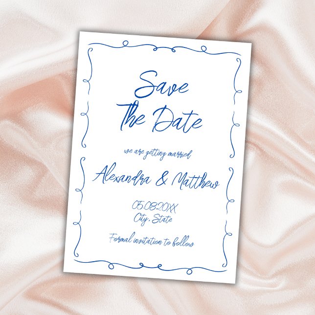 Reserve A Data Casamento Bravo-Azul-Fundido (Hand Drawn Whimsical Blue Funky Wedding Save The Date colorful cobalt blue)