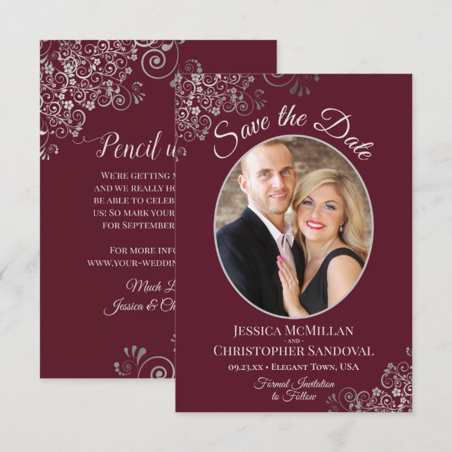 Reserve A Data Casamento Burgundy com Renda Prata e Foto Elegante (Frente/Verso)