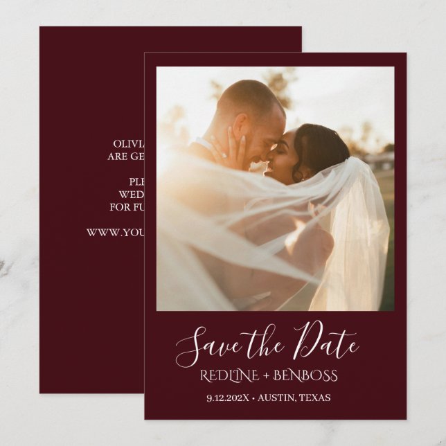 Reserve A Data Casamento Burgundy Elegante Uma Foto (Frente/Verso)