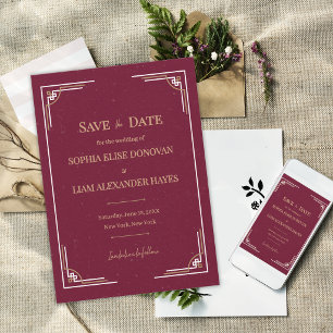 Reserve A Data Casamento Burgundy Gold Art Deco Black Tie Gatsby