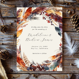 Reserve A Data Casamento Caligrafia Folhas de Outono Boho Penas