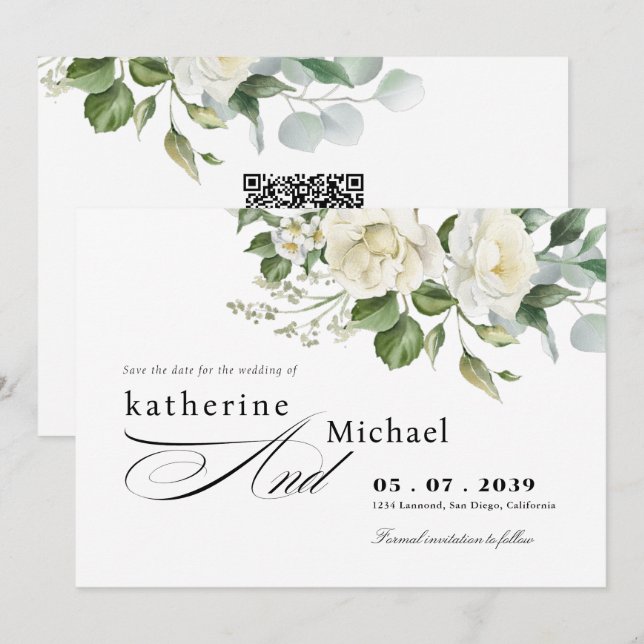 Reserve A Data Casamento Caligrafia Script Eucalipto Floral Cremo (Frente/Verso)