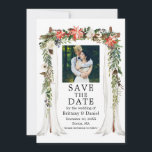 Reserve A Data Casamento Canopy Watercolor Poinsettia Foto Floral<br><div class="desc">Canopy Watercolor Poinsettia Foto Floral Salva o Cartão de Datas inclui poinsetos vermelhos,  rosas brancas,  cones de pínus e verde botânico. Foto do casal.</div>