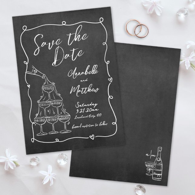 Reserve A Data Casamento Caprichoso Desenhado à Mão em Quadro Neg (Whimsical Hand Drawn Chalkboard Wedding Save the Date)