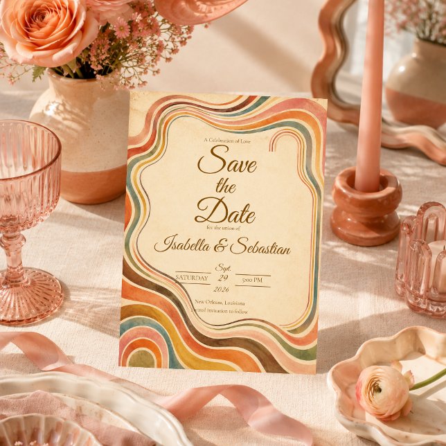 Reserve A Data Casamento Caprichoso Retro Arco-Íris (Criador carregado)
