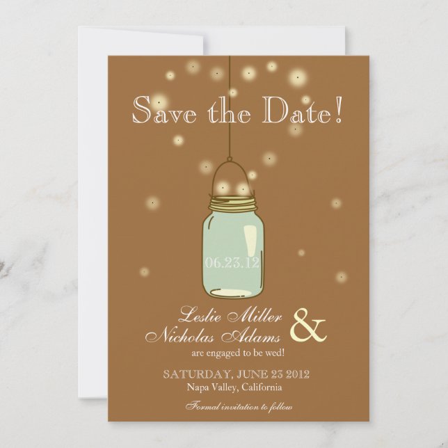 Reserve A Data Casamento Cardíaco Mason Jar Fireflies Salvar Data (Frente)