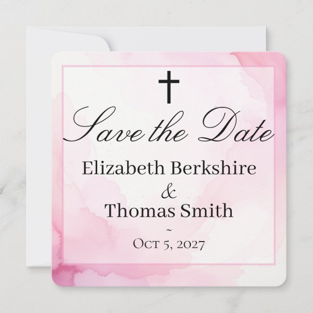 Reserve A Data Casamento Católico com Aquarela Rosa e Branca (Frente)