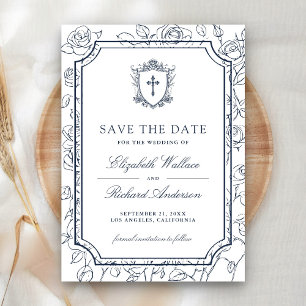 Reserve A Data Casamento Católico em Branco Vitoriano e Azul Mari