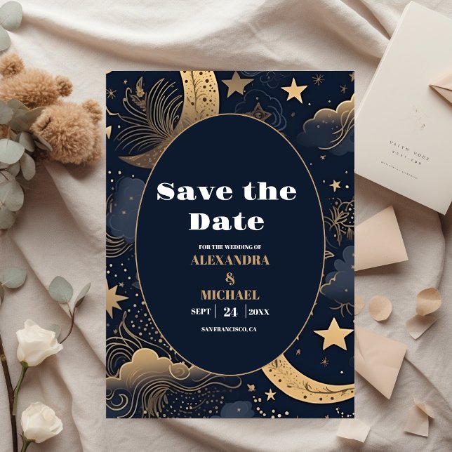 Reserve A Data Casamento Celestial em Azul Meia-Noite Dourado (Criador carregado)
