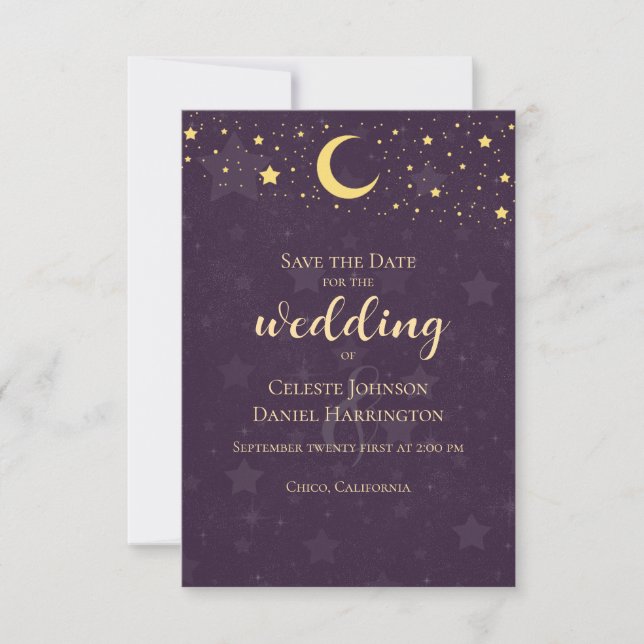Reserve A Data Casamento Celestial Estrelas Roxas Profundas Lua (Frente)