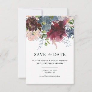 Reserve A Data Casamento Chic Burgundy Dusty Blue Floral Watercol