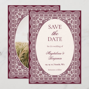 Reserve A Data Casamento Chic Burgundy Elegante Renda Marfim Anti