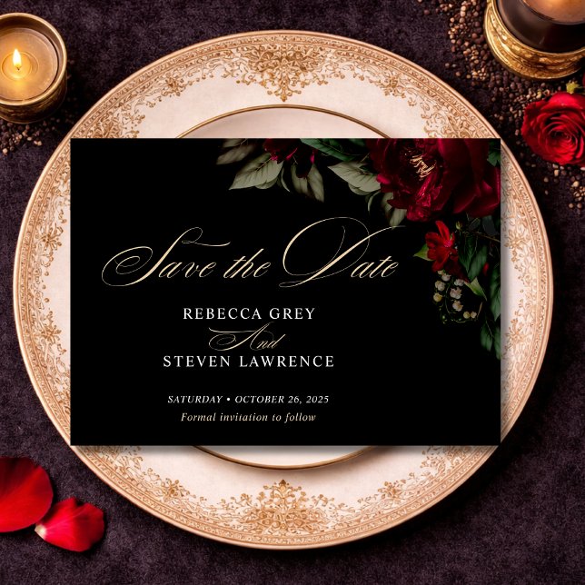 Reserve A Data Casamento chic gótico escuro floral vermelho verde (Criador carregado)