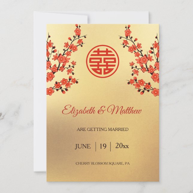 Reserve A Data Casamento Chinês Dupla Felicidade Flor de Cerejeir (Frente)