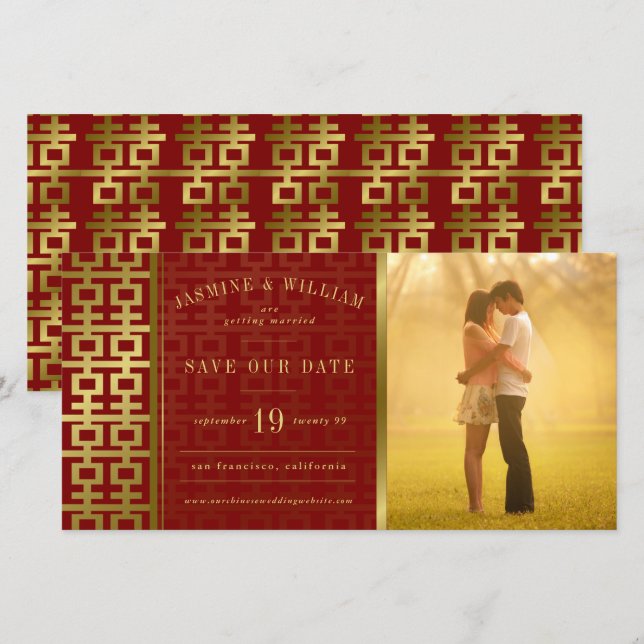 Reserve A Data Casamento Chinês Dupla Felicidade Vermelho Save Th (Frente/Verso)