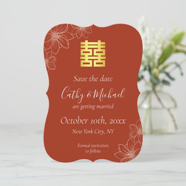 Reserve A Data Casamento chinês floral moderno boho vermelho (Em pé/Frente)
