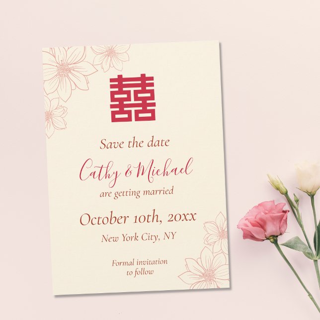 Reserve A Data Casamento chinês floral vermelho e bege Boho (Criador carregado)