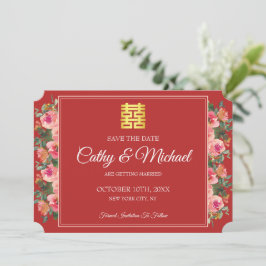 Reserve A Data Casamento chinês moderno floral rosa peônia vermel