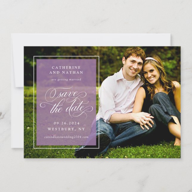 Reserve A Data Casamento Clássico Branco e Roxo com Letra Elegant (Frente)