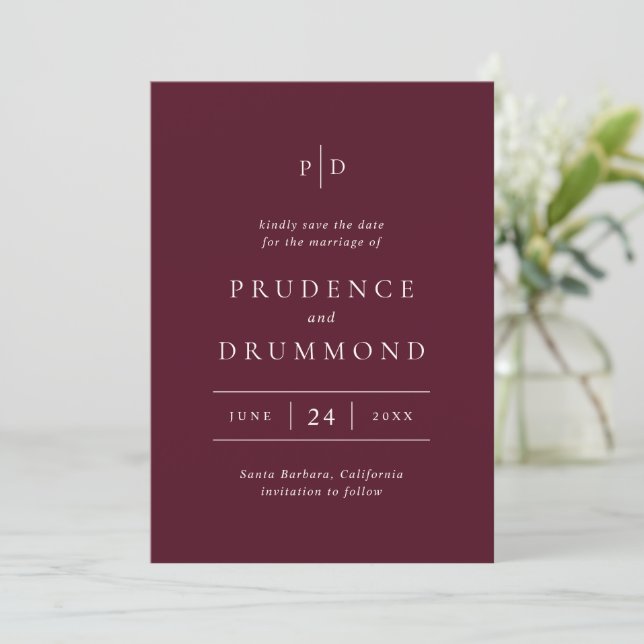 Reserve A Data Casamento Clássico Burgundy Profundo Elegante (Em pé/Frente)