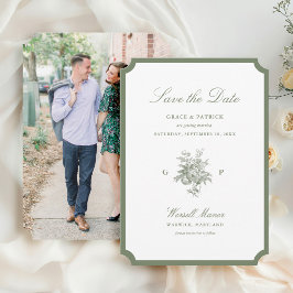 Reserve A Data Casamento Clássico com Foto em Verde Sálvia Monogr