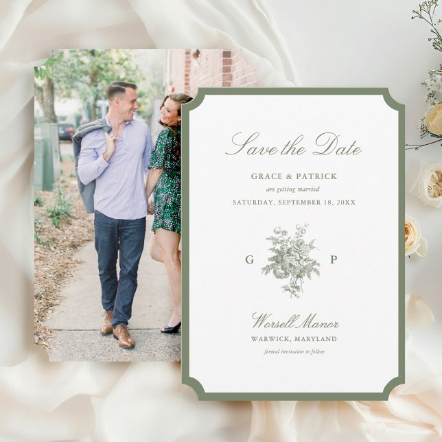 Reserve A Data Casamento Clássico com Foto em Verde Sálvia Monogr (Criador carregado)